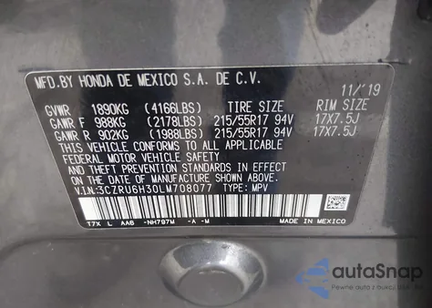 2020 Honda Hr-V Awd Lx from USA, damaged, VIN 3CZRU6H30LM708077